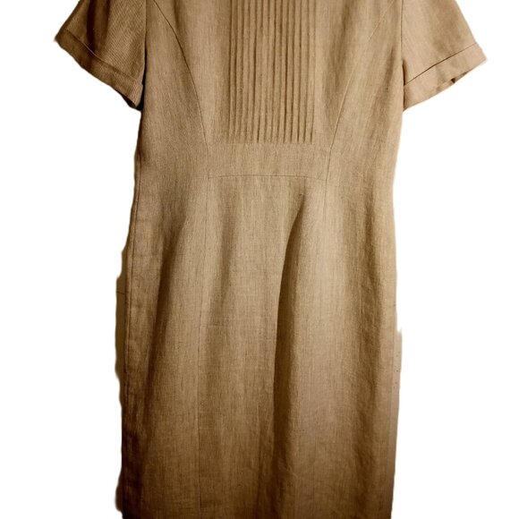 Women's LINEN Dress sz 10 Tan Button-front Short-sleeve Vintage 90's MIDI - Picture 10 of 12